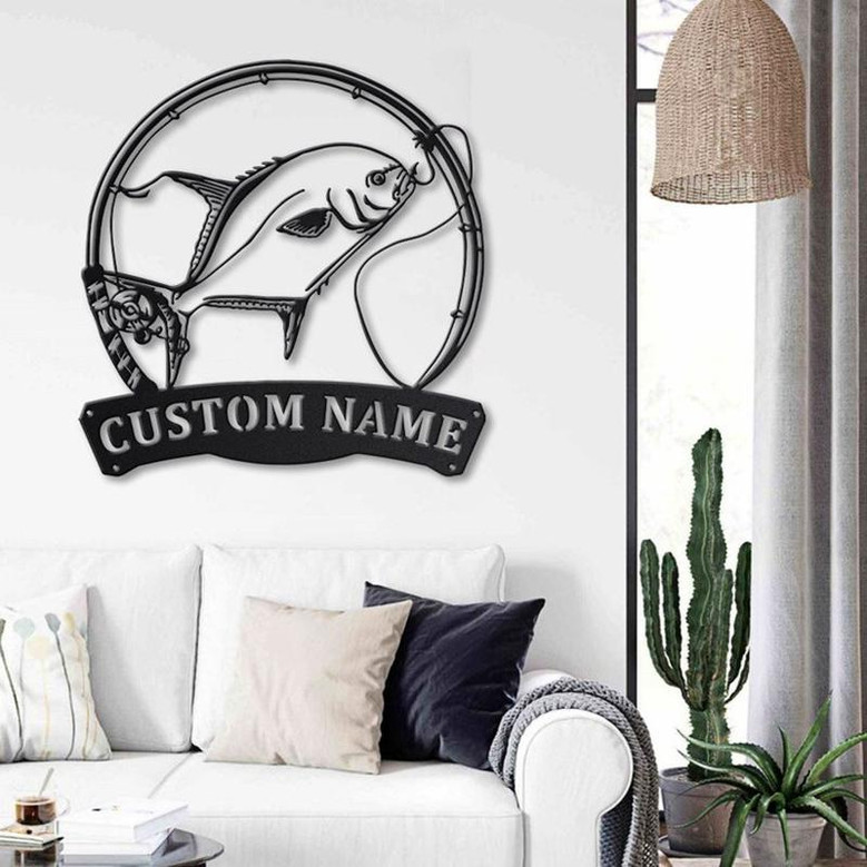 Personalized Florida Pompano Fishing Monogram Metal Sign Art Custom Florida Pompano Metal Sign Fishing Lover Sign Decoration For Living Room
