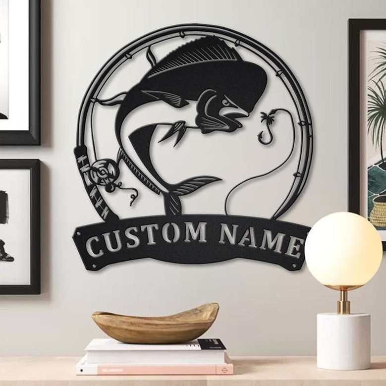 Personalized Mahi-Mahi Fishing Fish Pole Metal Sign Art | Custom Mahi-Mahi Fishing Metal Sign | Fishing Gifts Funny | Mahi-Mahi Fishing Gift