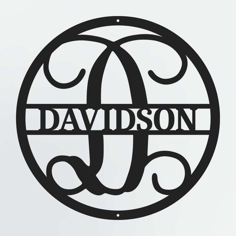 Curly Script Split Letter Monogram In Circle, Personalized Metal Family Name Sign