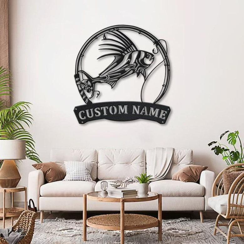 Personalized Roosterfish Fish Pole Monogram Metal Sign Art Roosterfish Fishing Metal Sign Fishing Lover Sign Decoration For Living Room