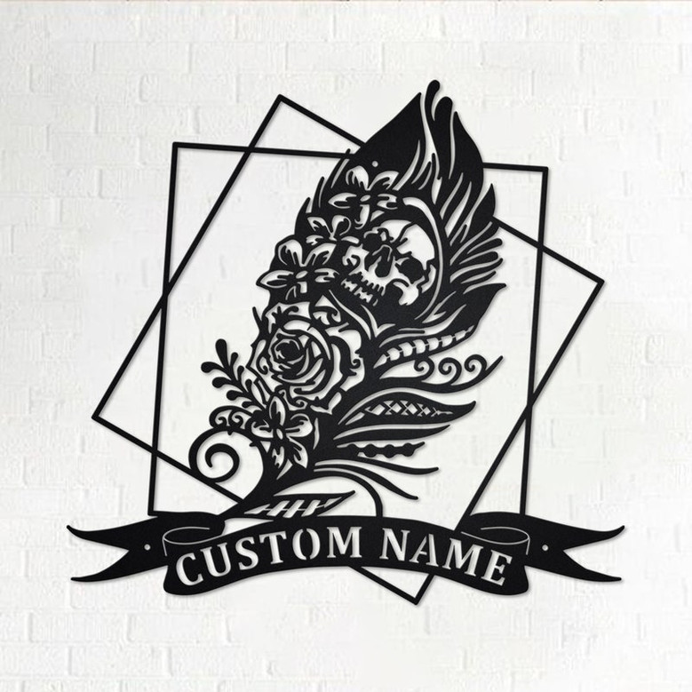 Custom Gothic Skull Feather Metal Wall Art, Personalized Gothic Skull Feather Name Sign Decoration For Room, Feather Metal Home Decor
