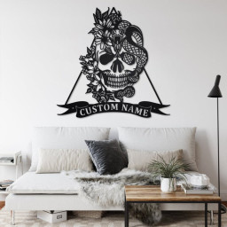 Custom Floral Snake Skull Metal Wall Art, Personalized Snake Skull Name Sign Decoration For Room, Snake Skull Home Decor, Custom Snake Skull