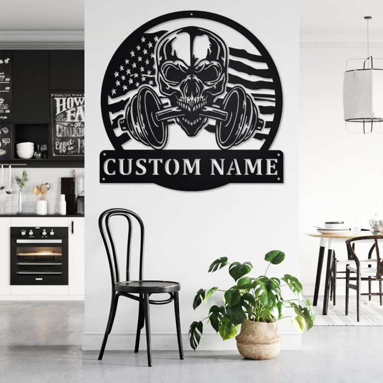 Custom US Flag Skull Fitness Metal Wall Art, Personalized Gymer Name Sign Decoration For Room, Gym Metal Home Decor, Custom US Flag Fitness
