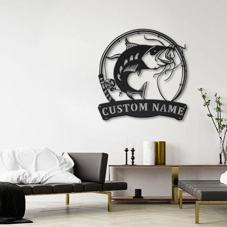 Personalized Catfish Fishing Fish Pole Metal Sign Art | Custom Catfish Fishing Metal Sign | Catfish Fishing Gift | Decor Decoration