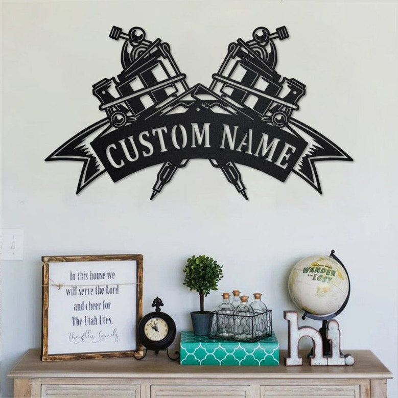 Custom Tattoo Machine Metal Wall Art, Personalized Tattoo Shop Name Sign Decoration For Room, Tattoo Machine Home Decor, Custom Tattoo Shop
