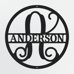 Curly Script Split Letter Monogram In Circle, Personalized Metal Family Name Sign
