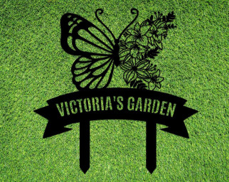 Personalized Butterfly Metal Garden Sign With Stakes, Metal Yard Decor, Custom Flower Bed Sign