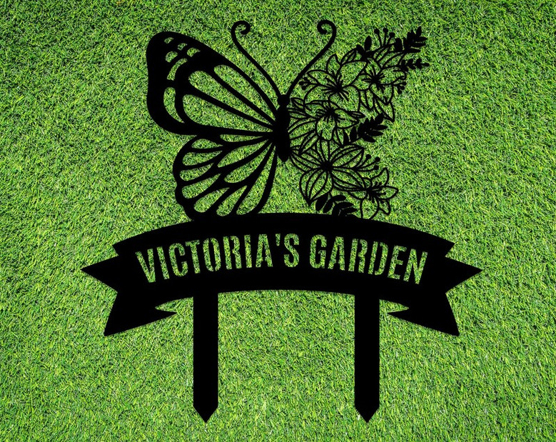 Personalized Butterfly Metal Garden Sign With Stakes, Metal Yard Decor, Custom Flower Bed Sign