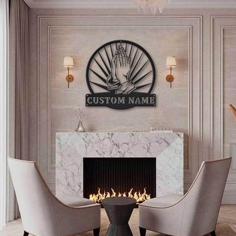 Personalized Prayer Hands Monogram Metal Sign Art , Custom Prayer Hands Metal Sign, Faith Lover Sign Decoration For Living Room