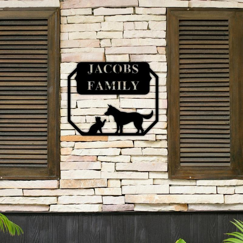 Custom Metal Address Sign, Cat and dog sign, Housewarming Gift, Custom Metal Sign, Outdoor Metal Sign