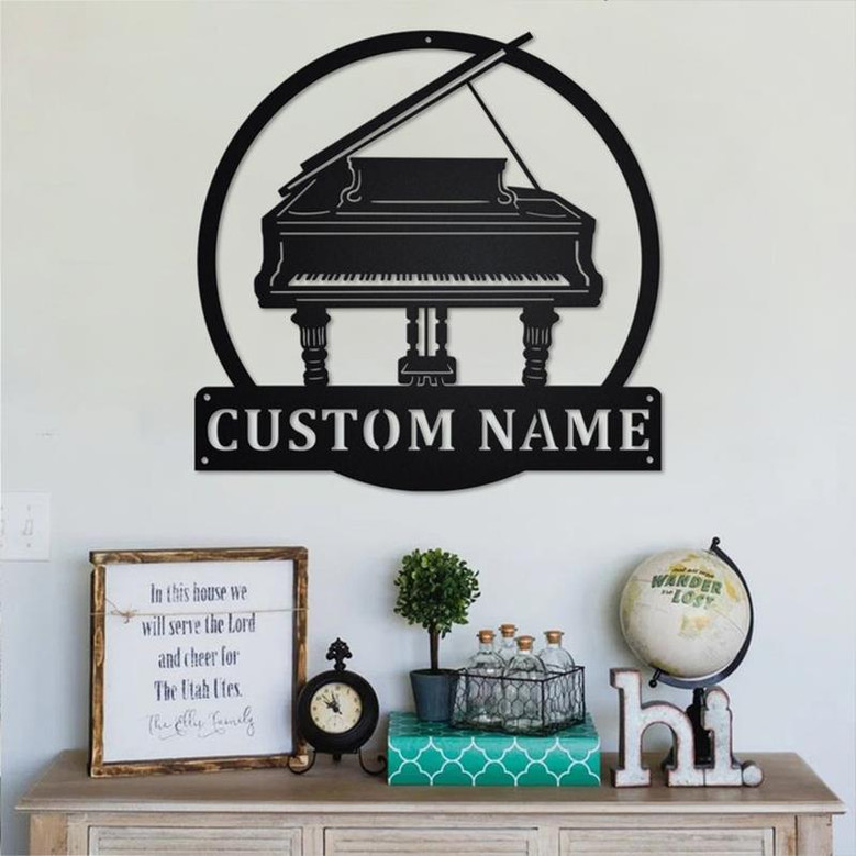 Custom Grand Piano Metal Wall Art, Personalized Grand Piano Name Sign Decoration For Room