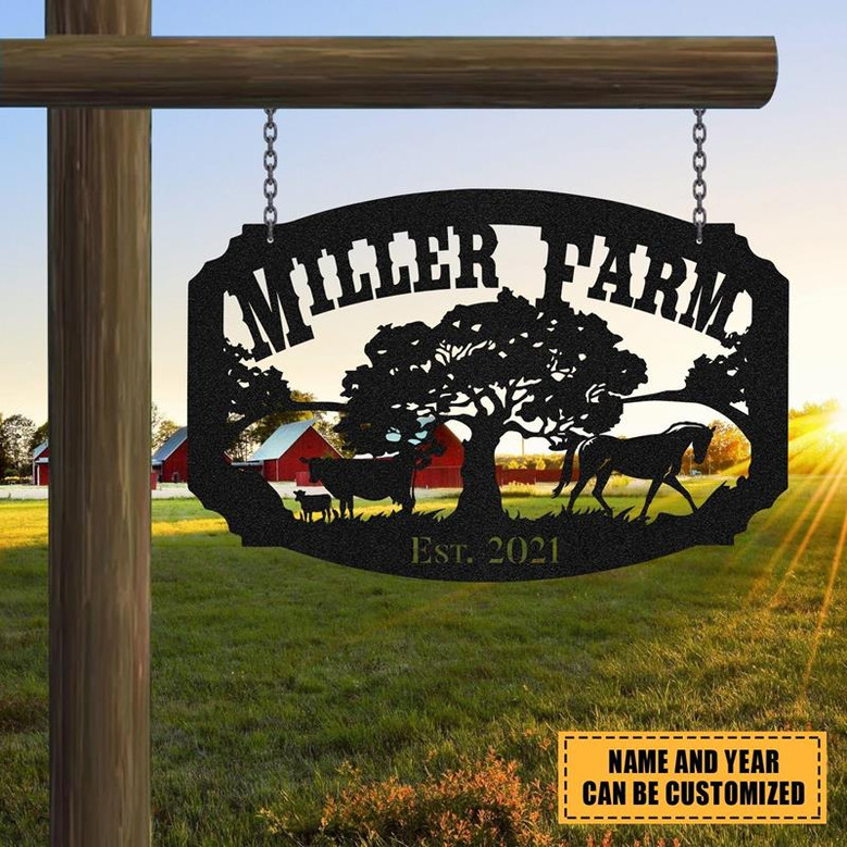 Personalized Metal Farm Sign Horse Cow Monogram Custom Outdoor Farmhouse Ranch Stable Barn Wall Decor Art Gift
