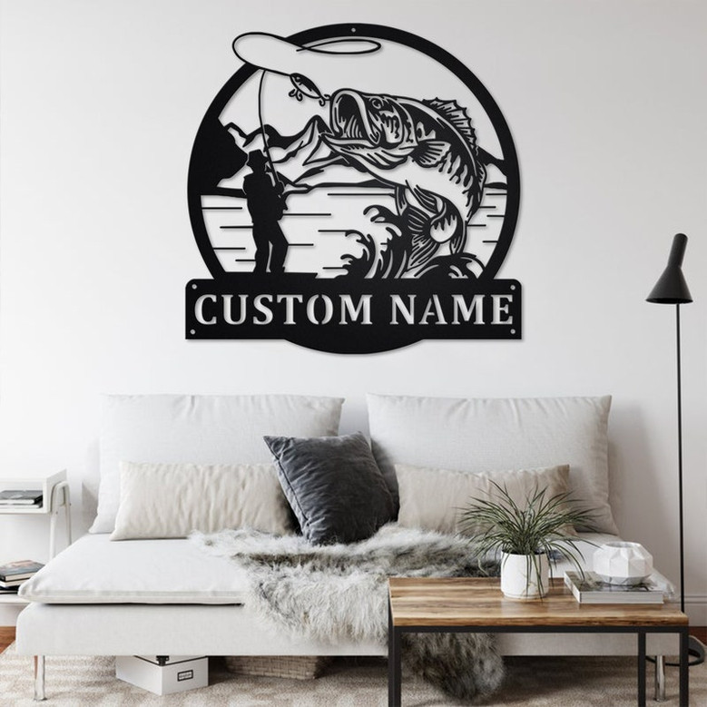 Custom Fisherman Bass Fish Metal Wall Art, Personalized Fisherman Name Sign Decoration For Room, Bass Fishing Metal Home Decor, Bass Fishing