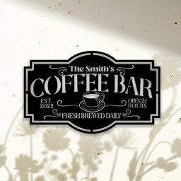 Personalized Coffee Bar Metal Wall Art, Coffee bar sign Freshly Brewed daily, Custom Housewarming Gift