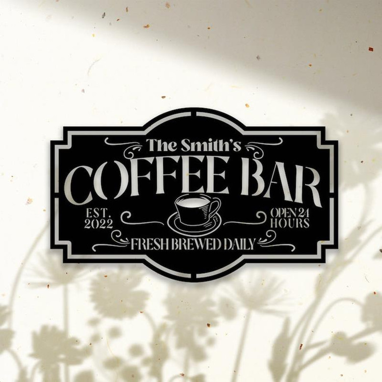 Personalized Coffee Bar Metal Wall Art, Coffee bar sign Freshly Brewed daily, Custom Housewarming Gift