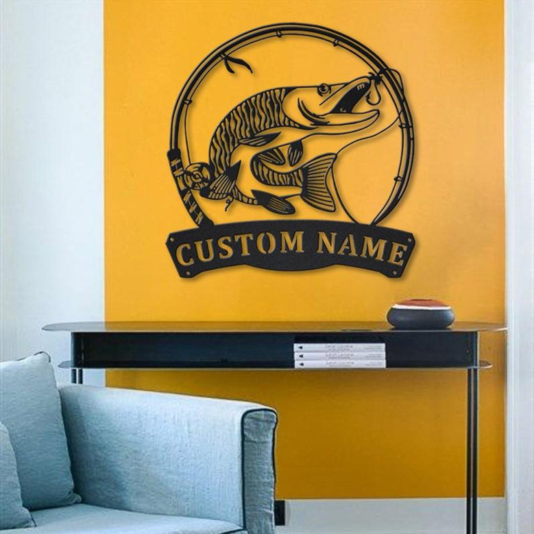 Personalized Tiger Muskellunge Fish Pole Metal Sign Art | Custom Tiger Muskellunge Metal Sign | Tiger Muskellunge Gift | Decor Decoration