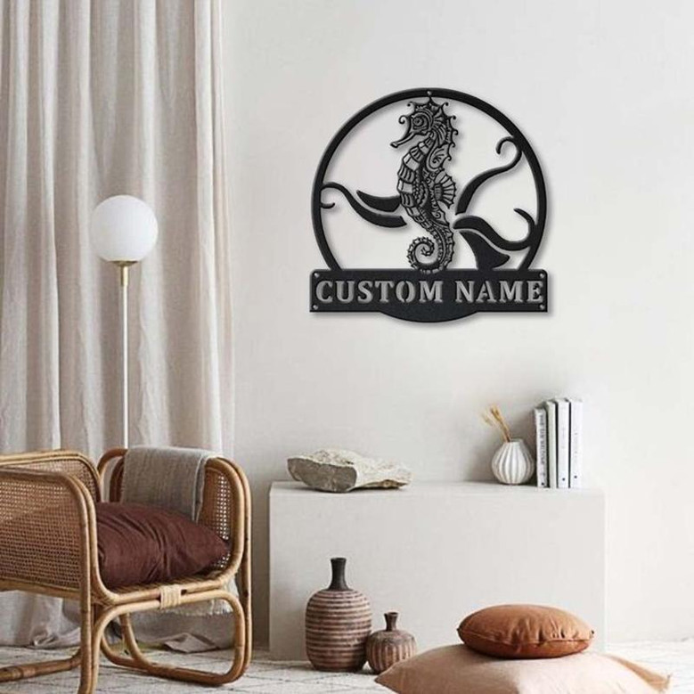 Personalized Seahorse Monogram Metal Sign Art ,Custom Seahorse Metal Sign, Seahorse Lover Sign Decoration For Living Room