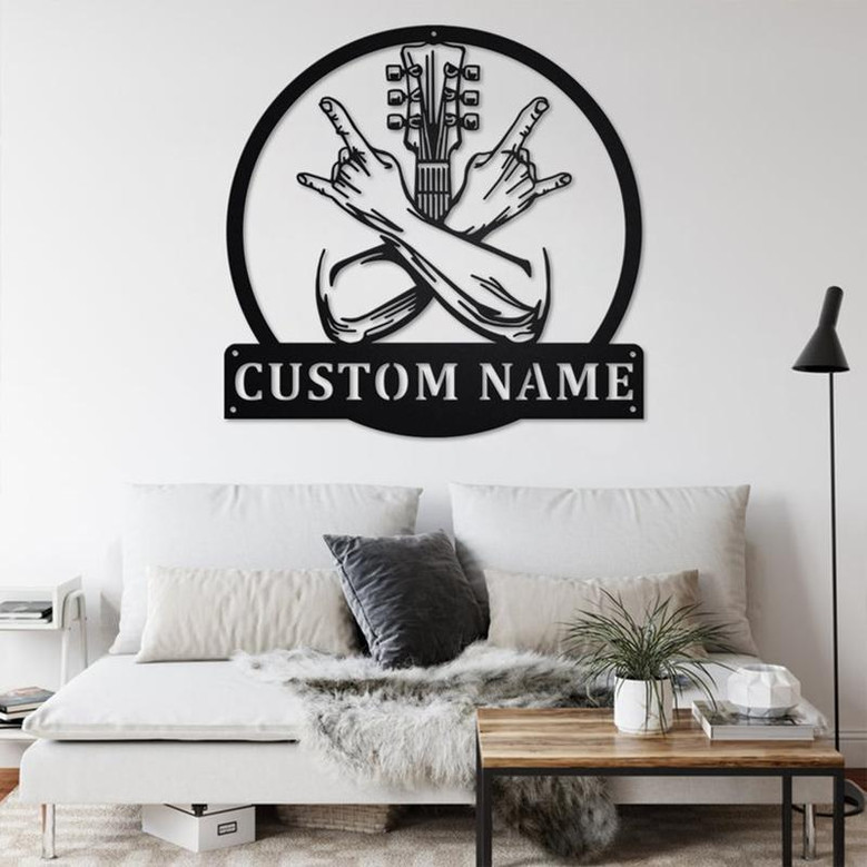 Custom Rock Crossed Hands Metal Wall Art, Personalized Rocker Name Sign Decoration For Room, Guitar Rock Metal Home Decor, Custom Rocker