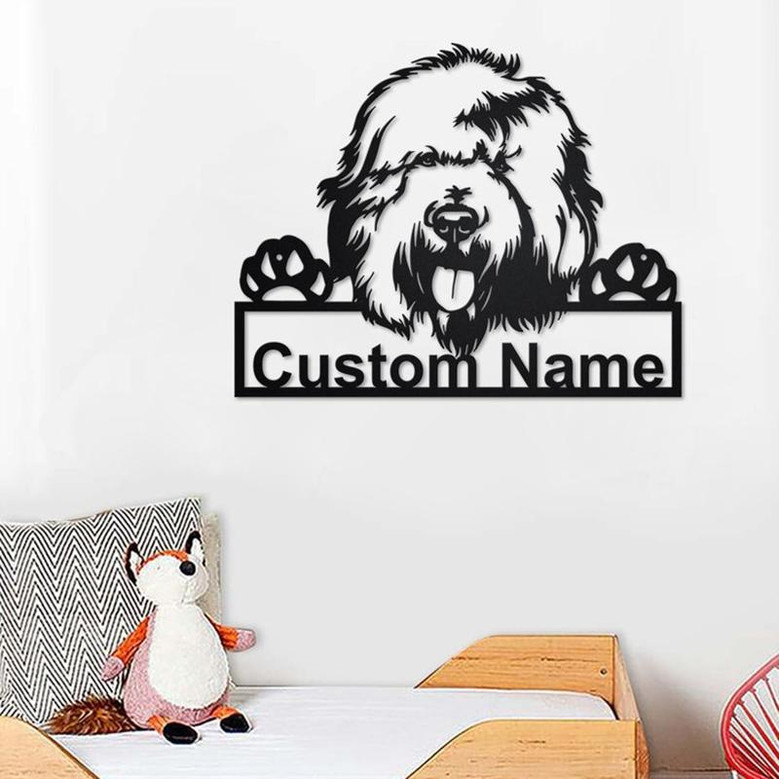 Custom English Sheepdog Dog Metal Wall Art, Personalized English Sheepdog Name Sign Decoration For Room, English Sheepdog Metal Home Decor