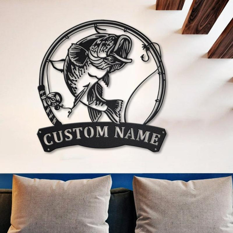 Personalized Largemouth Bass Fish Pole Monogram Metal Sign Art | Largemouth Bass Metal Sign | Fishing Lover Sign Decoration For Living Room
