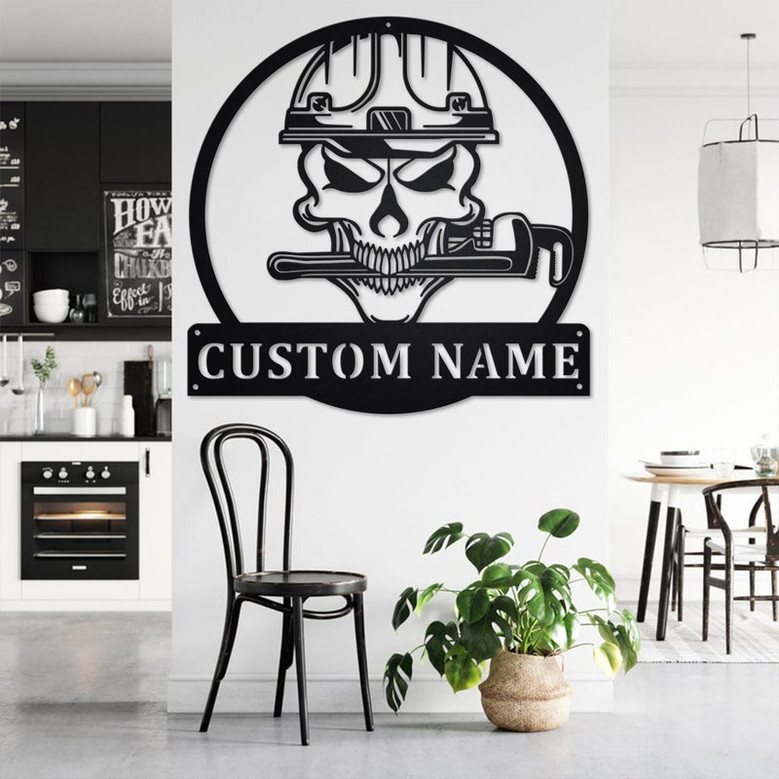 Custom Skull Plumber Metal Wall Art, Personalized Plumber Name Sign Decoration For Room, Plumbing Metal Home Decor, Custom Skull Plumber
