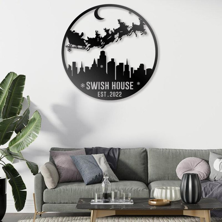 Custom Santa Claus Metal Wall Art, Personalized Santa Christmas Sign, Santa Coming To Town Metal Sign, Family Christmas Gift