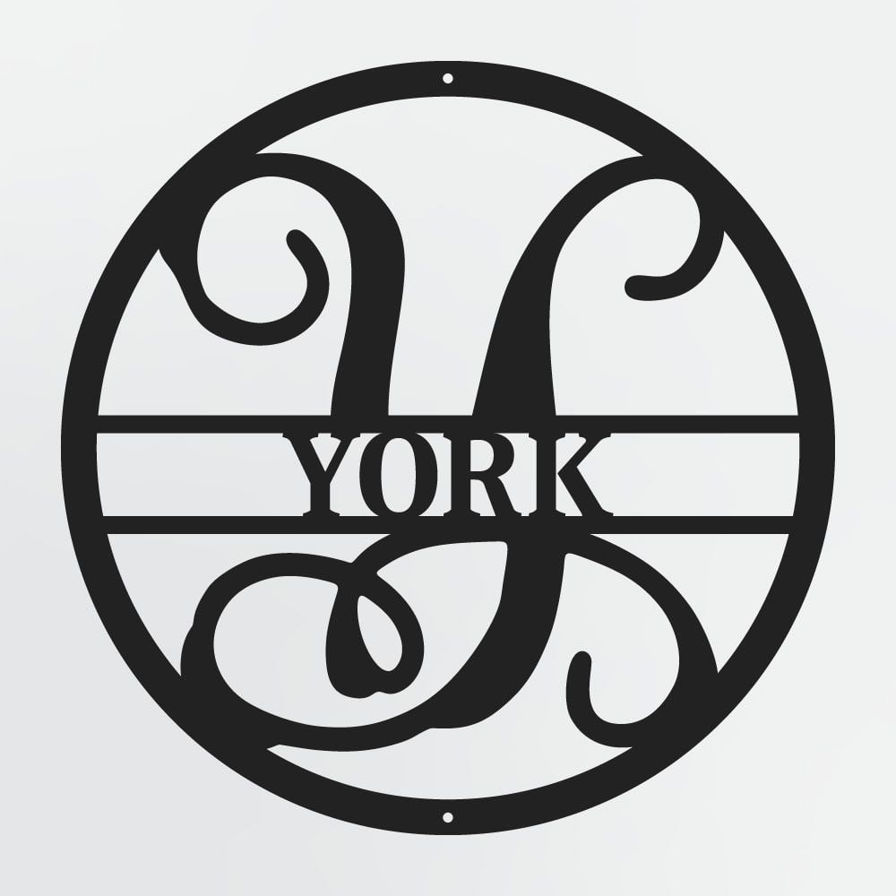 Curly Script Split Letter Monogram In Circle, Personalized Metal Family Name Sign