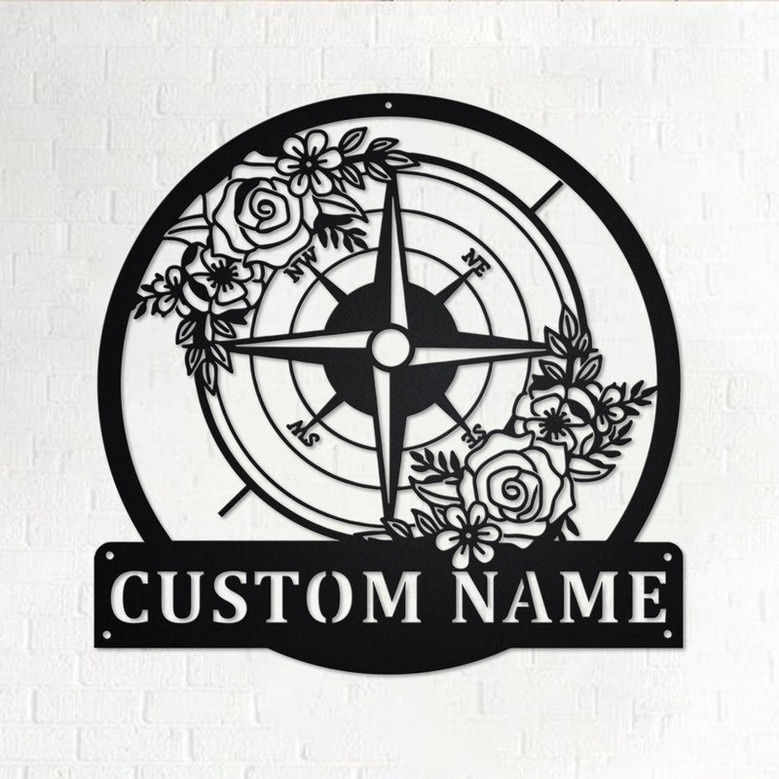Custom Floral Compass Metal Wall Art, Personalized Compass Name Sign Decoration For Room, Compass Metal Home Decor, Custom Compass