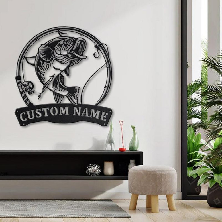 Personalized Largemouth Bass Fish Pole Monogram Metal Sign Art | Largemouth Bass Metal Sign | Fishing Lover Sign Decoration For Living Room