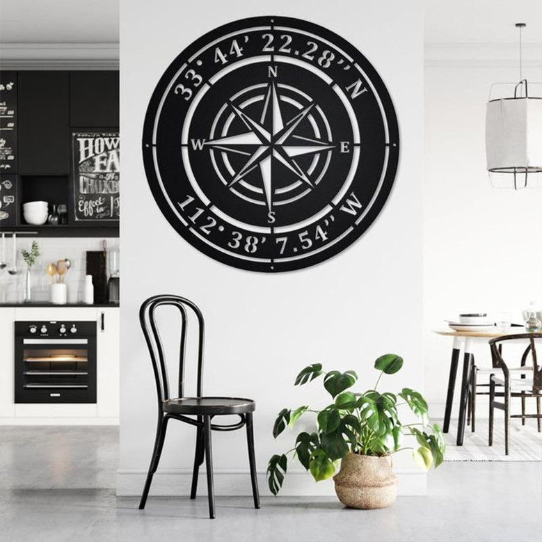 Custom Compass Rose Metal Sign - Custom Coordinates - Nautical Address Wall Art - Custom Compass Nautical Address Decoration For Home