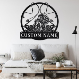 Custom Fish Reaper Skull Metal Wall Art, Personalized Fisherman Name Sign Decoration For Room, Fishing Metal Home Decor, Custom Fisherman