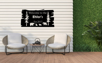 Custom Metal Bear Wall Sign, Personalized Cabin Sign, Bear Family In Woods Cabin Sign