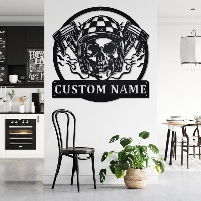 Custom Skull With Piston Biker Metal Wall Art, Personalized Biker Name Sign Decoration For Room, Biker Home Decor, Custom Biker