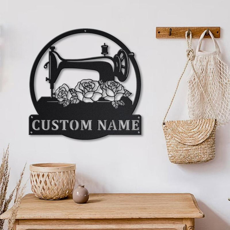 Personalized Floral Sewing Machine Monogram Metal Sign Art Custom Sewing Machine Metal Sign Sewing Lover Sign Decoration For Living Room