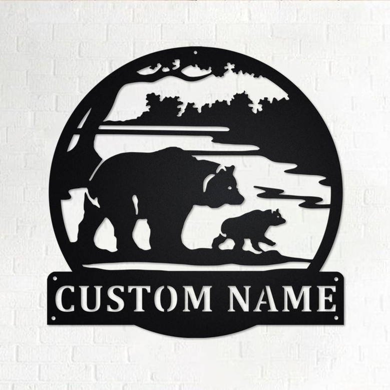 Custom Bear & Cub Scenic Metal Wall Art, Personalized Bear Name Sign Decoration For Room, Bear Home Decor, Custom Bear,Bear Metal Wall Decor