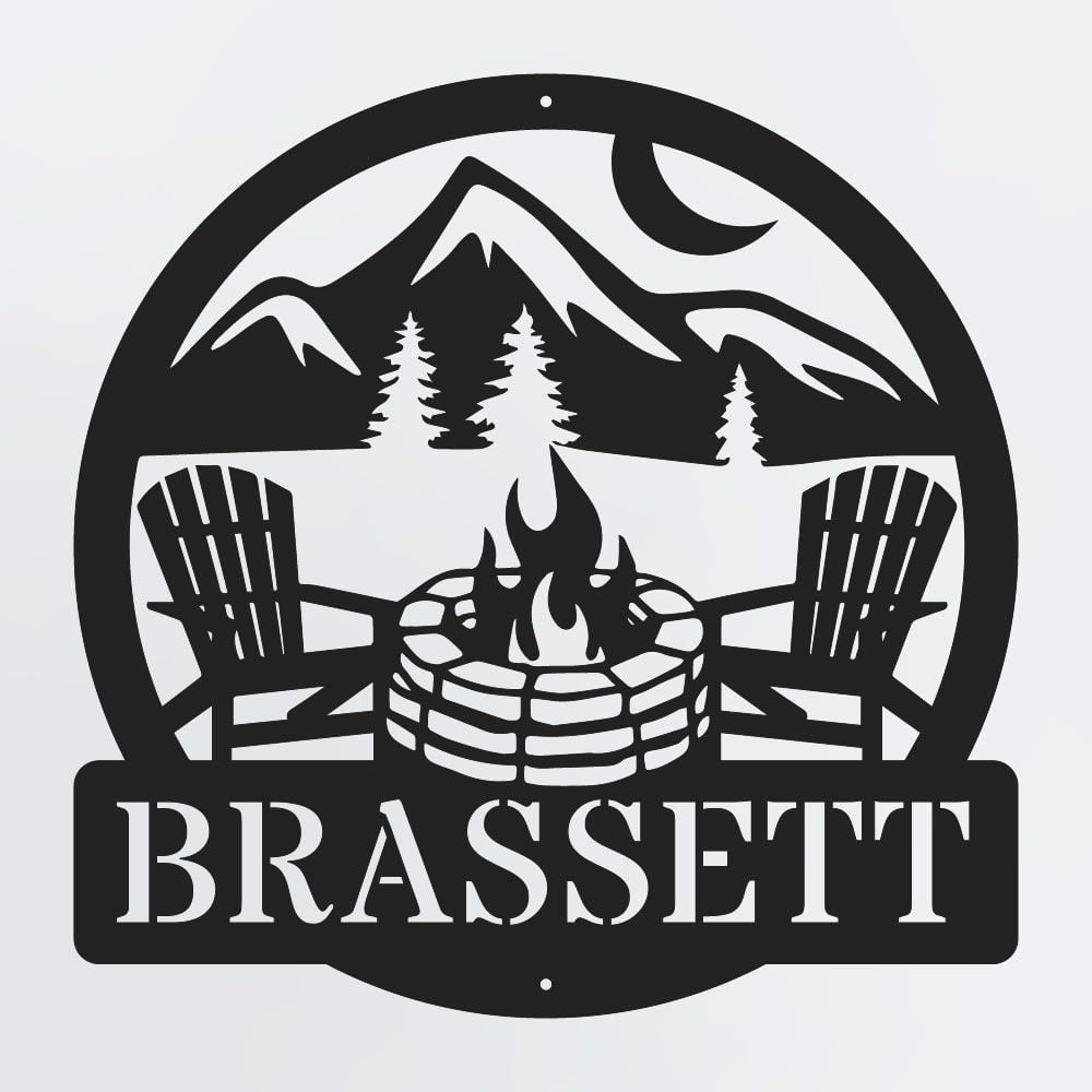 Cozy Fire Pit Metal Sign With Adirondack Chairs, Mountain Scene Or Lake Scene, Personalized With Custom Text