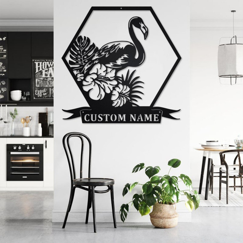 Custom Flamingo Tropical Flowers Metal Wall Art, Personalized Flamingo Name Sign Decoration For Room, Flamingo Metal Home Decor, Flamingo