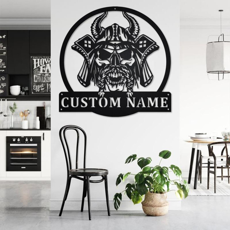 Custom Viking Skull Metal Wall Art, Personalized Viking Name Sign Decoration For Room, Viking Metal Home Decor, Custom Viking Skull