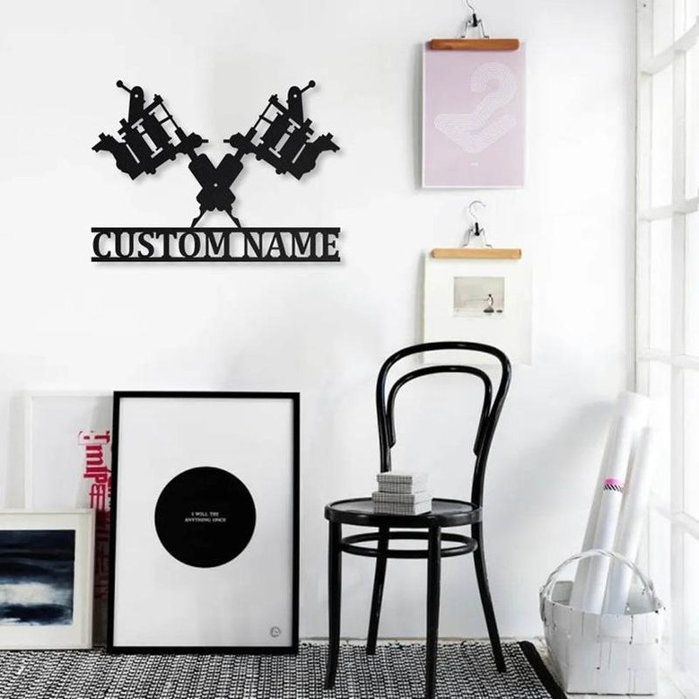 Personalized Tattoo Machine Monogram Metal Sign Art , Custom Tattoo Artist Metal Sign, Tattoo Artist Lover Sign Decoration For Living Room