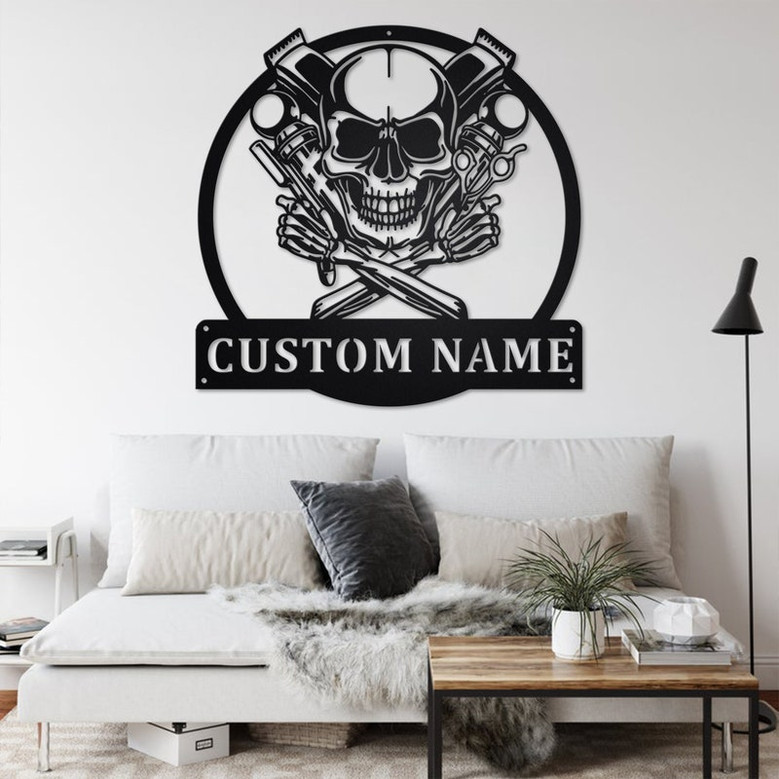 Custom Barbershop Skull Metal Wall Art, Personalized Barbershop Name Sign Decoration For Room, Barbershop Metal Home Decor,Custom Barbershop