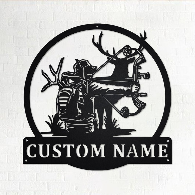 Custom Bow Hunting Metal Wall Art, Personalized Bow Hunting Name Sign Decoration For Room, Deer Bow Hunting Home Decor, Custom Bow Hunting