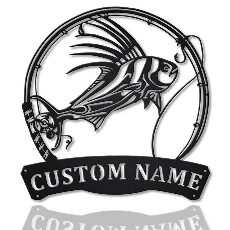 Personalized Roosterfish Fish Pole Monogram Metal Sign Art Roosterfish Fishing Metal Sign Fishing Lover Sign Decoration For Living Room