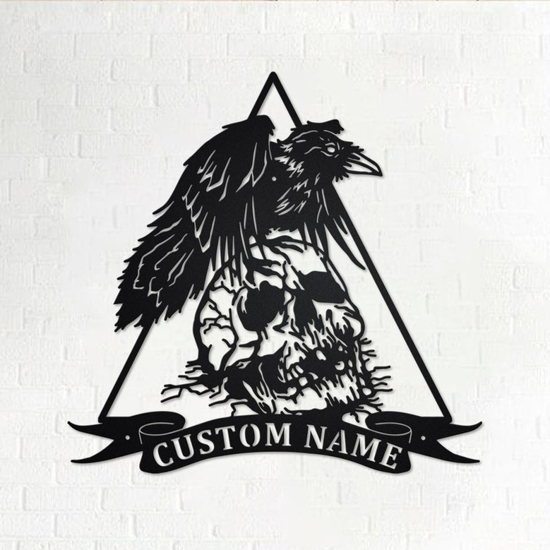 Custom Raven With Skull Metal Wall Art, Personalized Raven Name Sign Decoration For Room, Raven Metal Home Decor, Custom Raven, Raven Skull