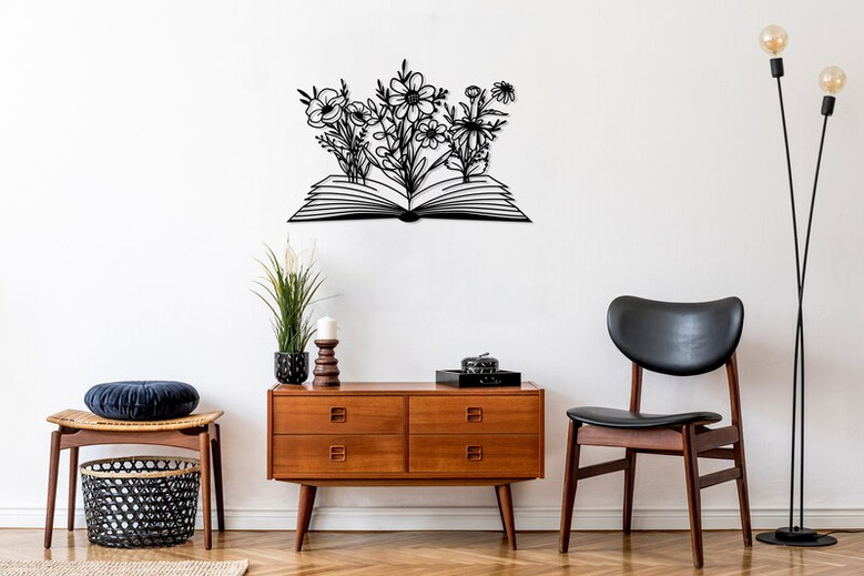 Book with Flower Metal Wall Decor, Flowers WallHangings, Boho Home Decor, Above Bed Decor