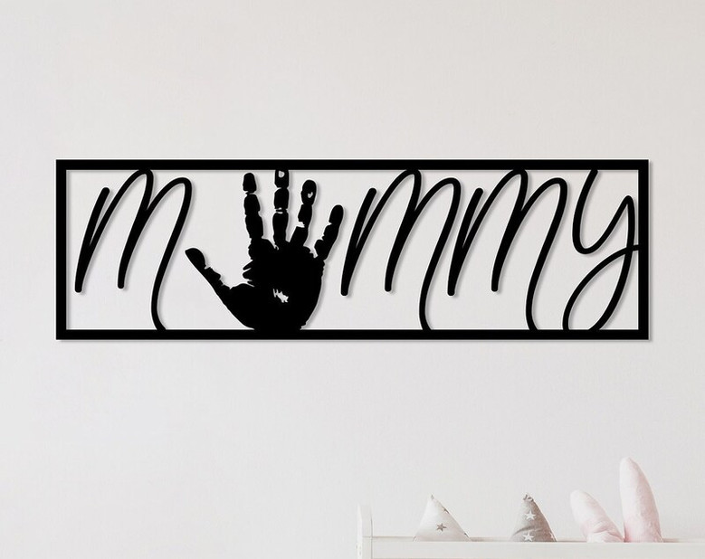 Custom Metal Baby Hand Print Keepsake, Personalized Baby Hand Print with Mommy Word Wall Art