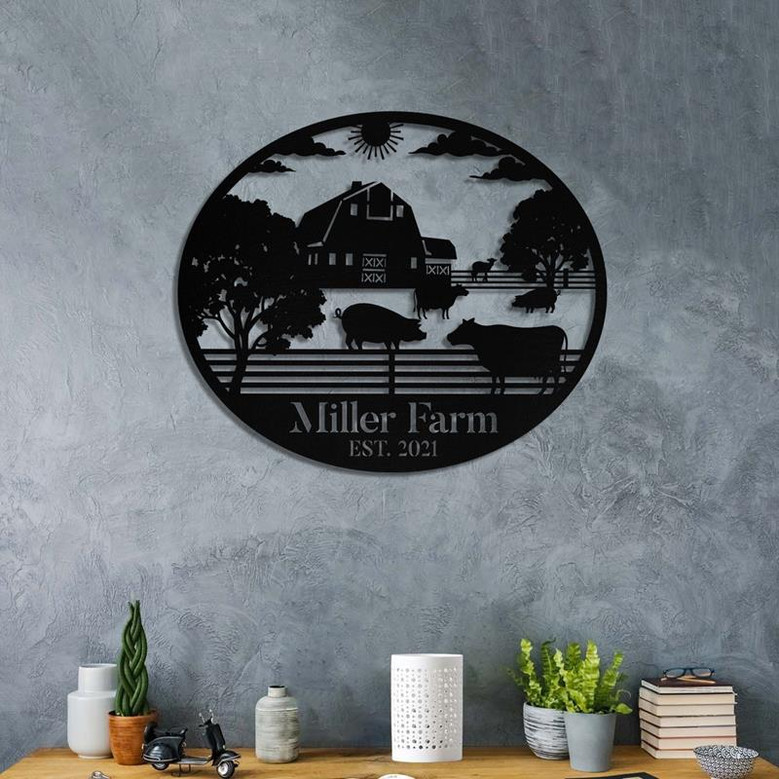 Personalized Metal Farm Sign Barn Cow Pig Monogram Custom Outdoor Farmhouse Front Gate Entry Road Wall Decor Art Gift