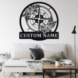 Custom Floral Compass Metal Wall Art, Personalized Compass Name Sign Decoration For Room, Compass Metal Home Decor, Custom Compass