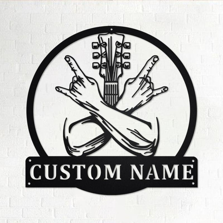 Custom Rock Crossed Hands Metal Wall Art, Personalized Rocker Name Sign Decoration For Room, Guitar Rock Metal Home Decor, Custom Rocker