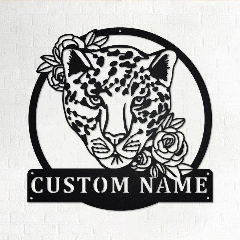 Custom Leopard With Flower Metal Wall Art, Personalized Leopard Name Sign Decoration For Room, Leopard Metal Home Decor, Custom Leopard