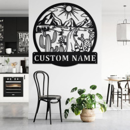 Custom Round Landscape With Cactus Metal Wall Art, Personalized Cactus Name Sign Decoration For Room, Cactus Metal Home Decor, Custom Cactus